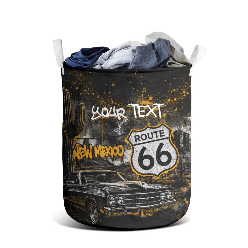 Personalized New Mexico Route 66 Classic Car Laundry Basket Desert Cactus Grunge Paint Splatter Vintage Road Trip