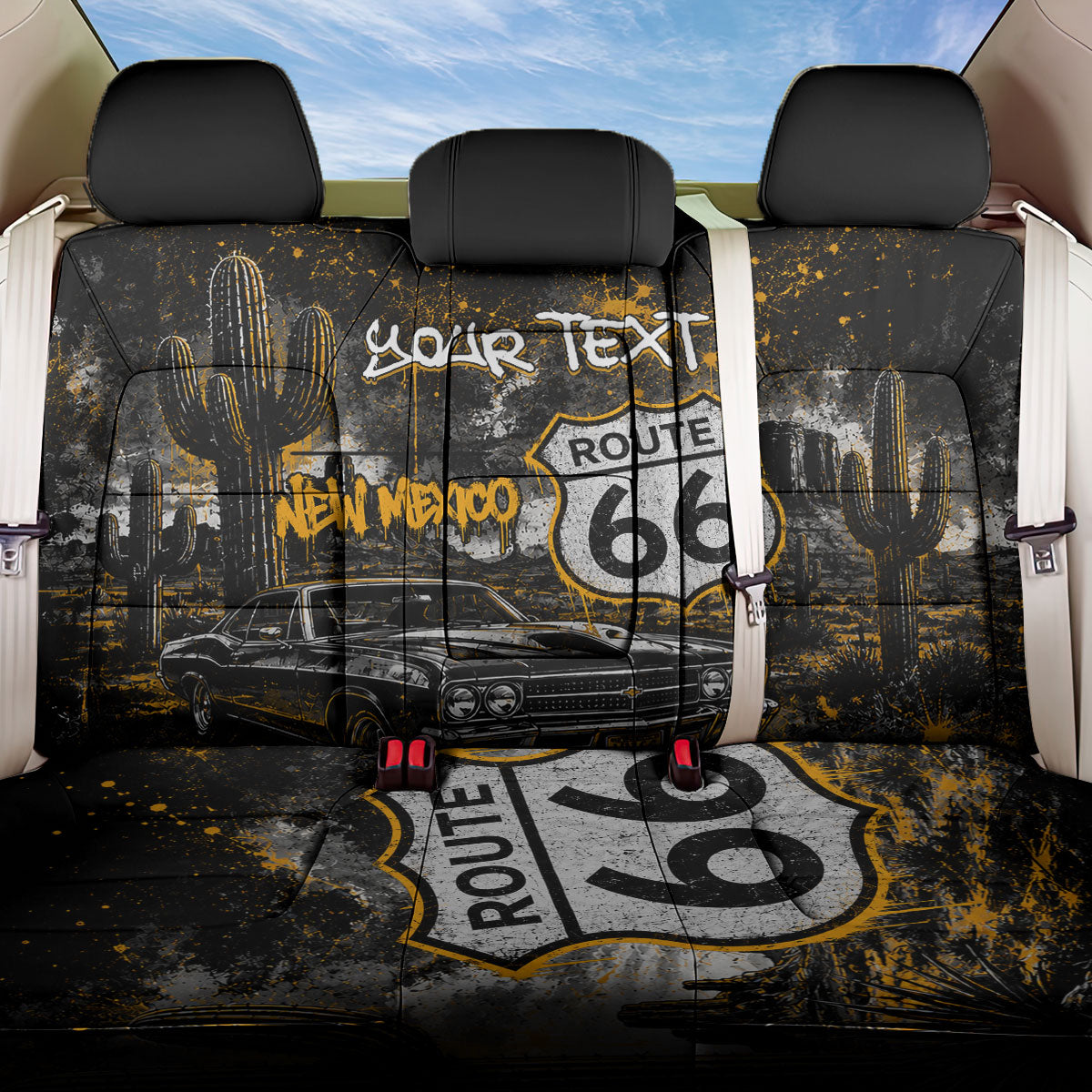 Personalized New Mexico Route 66 Classic Car Back Car Seat Cover Desert Cactus Grunge Paint Splatter Vintage Road Trip
