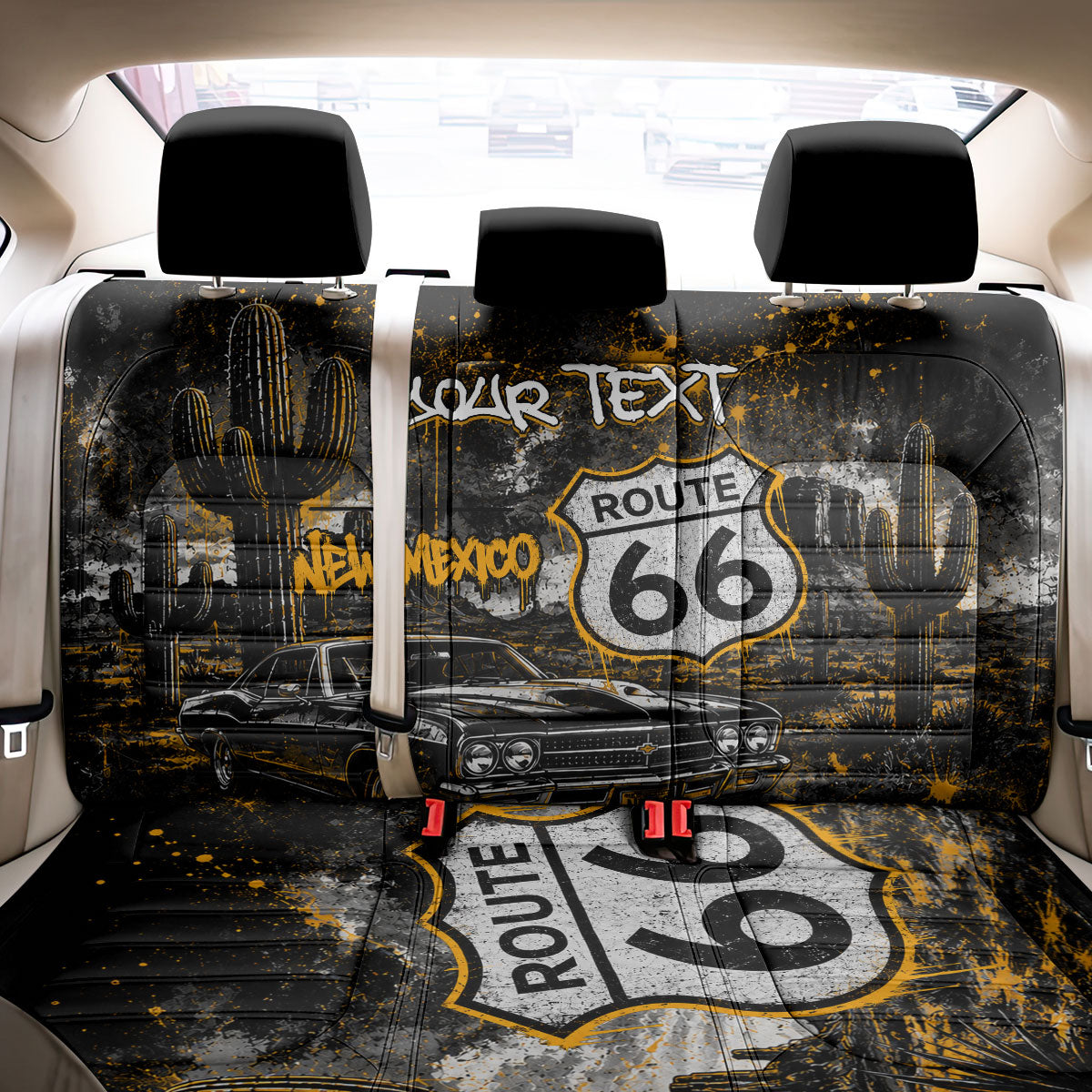 Personalized New Mexico Route 66 Classic Car Back Car Seat Cover Desert Cactus Grunge Paint Splatter Vintage Road Trip