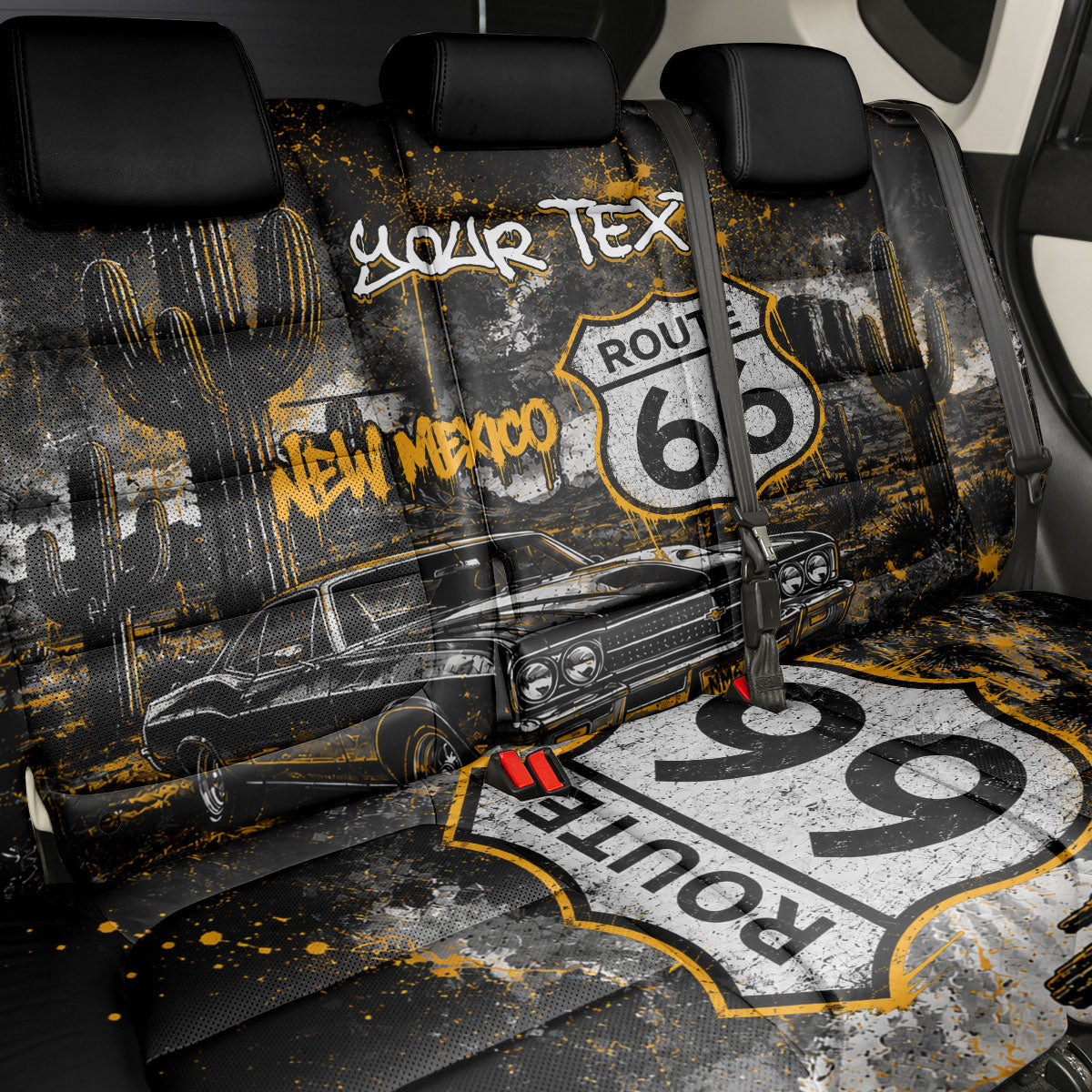 Personalized New Mexico Route 66 Classic Car Back Car Seat Cover Desert Cactus Grunge Paint Splatter Vintage Road Trip