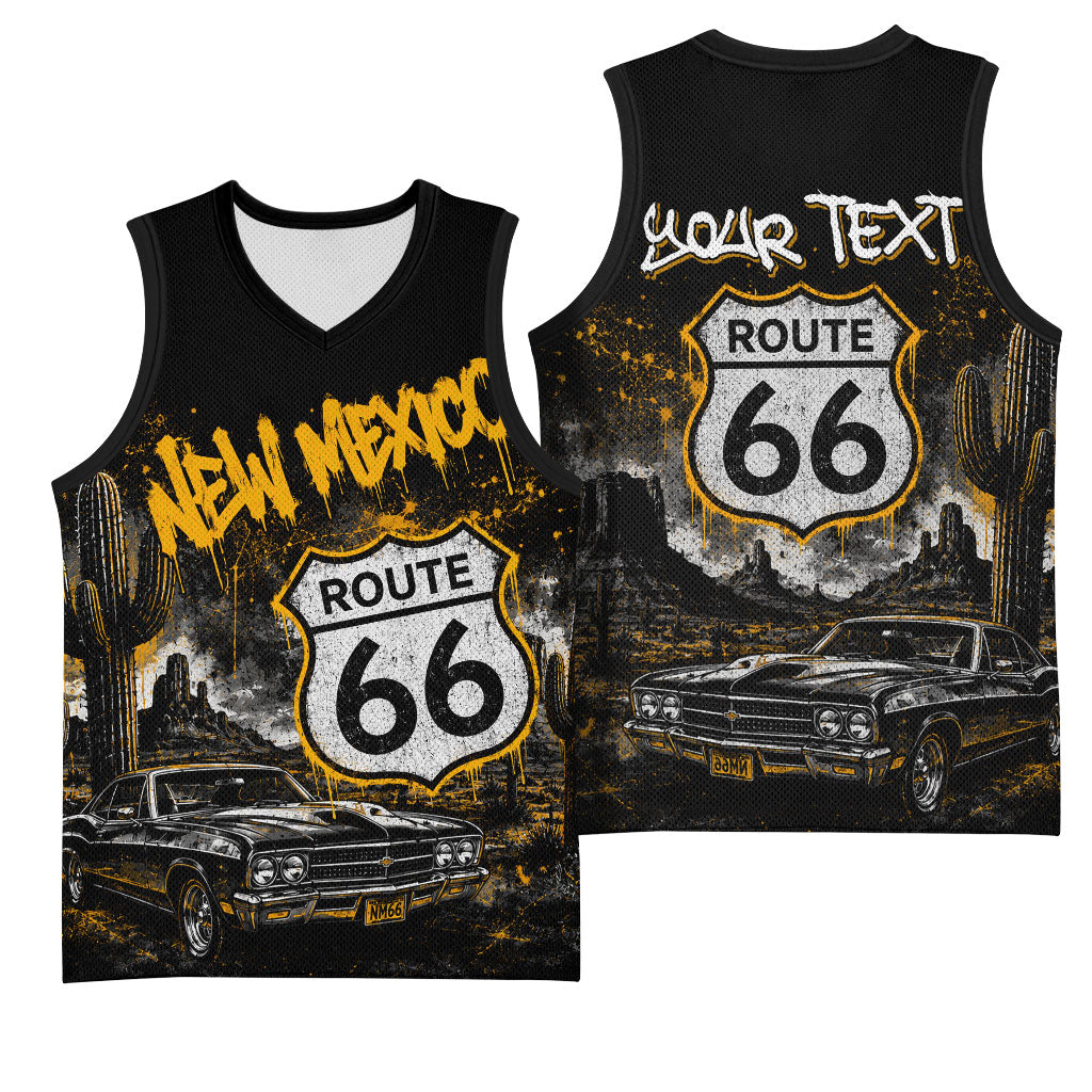 Personalized New Mexico Route 66 Classic Car Basketball Jersey Desert Cactus Grunge Paint Splatter Vintage Road Trip