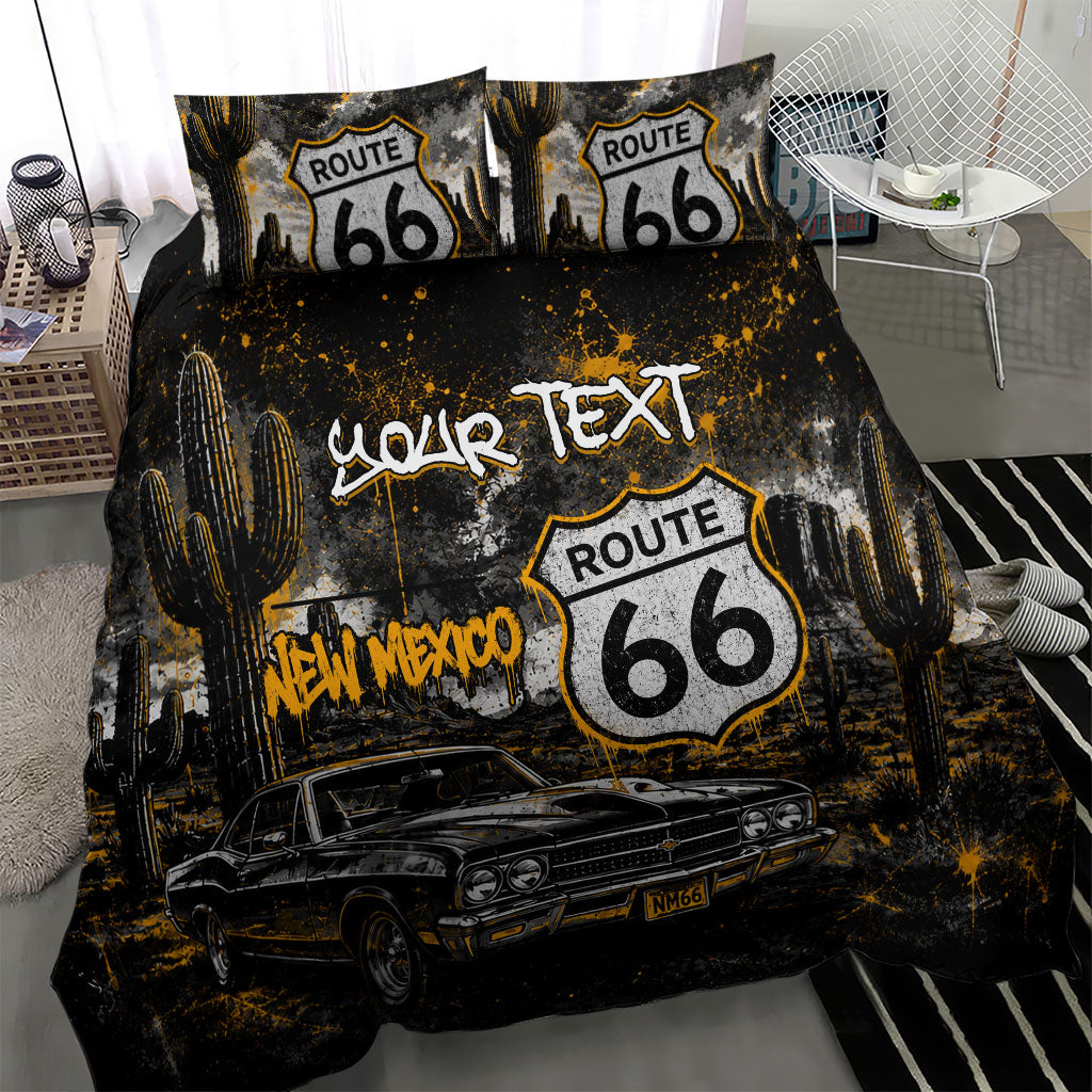 Personalized New Mexico Route 66 Classic Car Bedding Set Desert Cactus Grunge Paint Splatter Vintage Road Trip