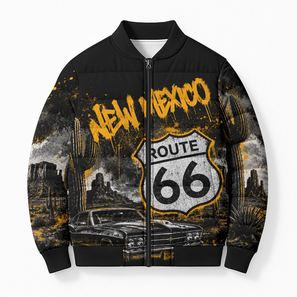 Personalized New Mexico Route 66 Classic Car Bomber Puffer Jacket Desert Cactus Grunge Paint Splatter Vintage Road Trip