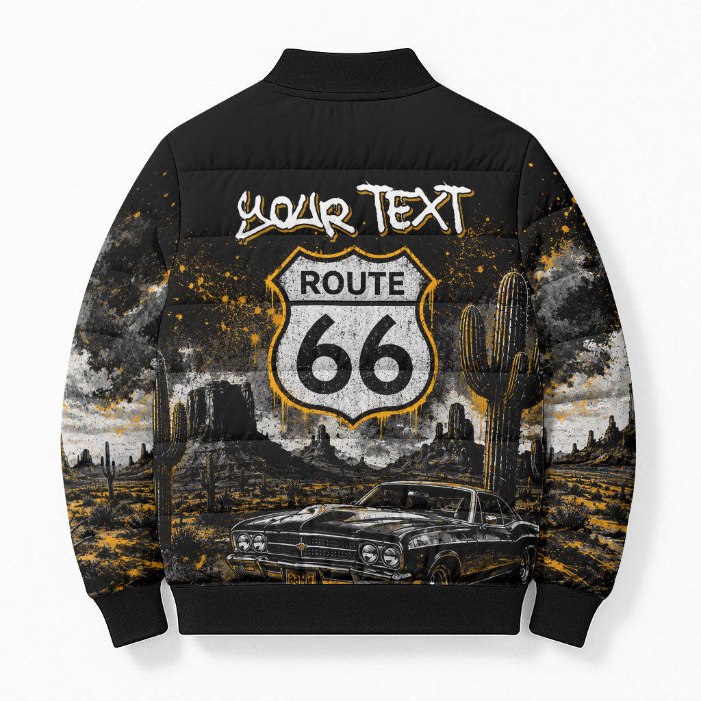 Personalized New Mexico Route 66 Classic Car Bomber Puffer Jacket Desert Cactus Grunge Paint Splatter Vintage Road Trip