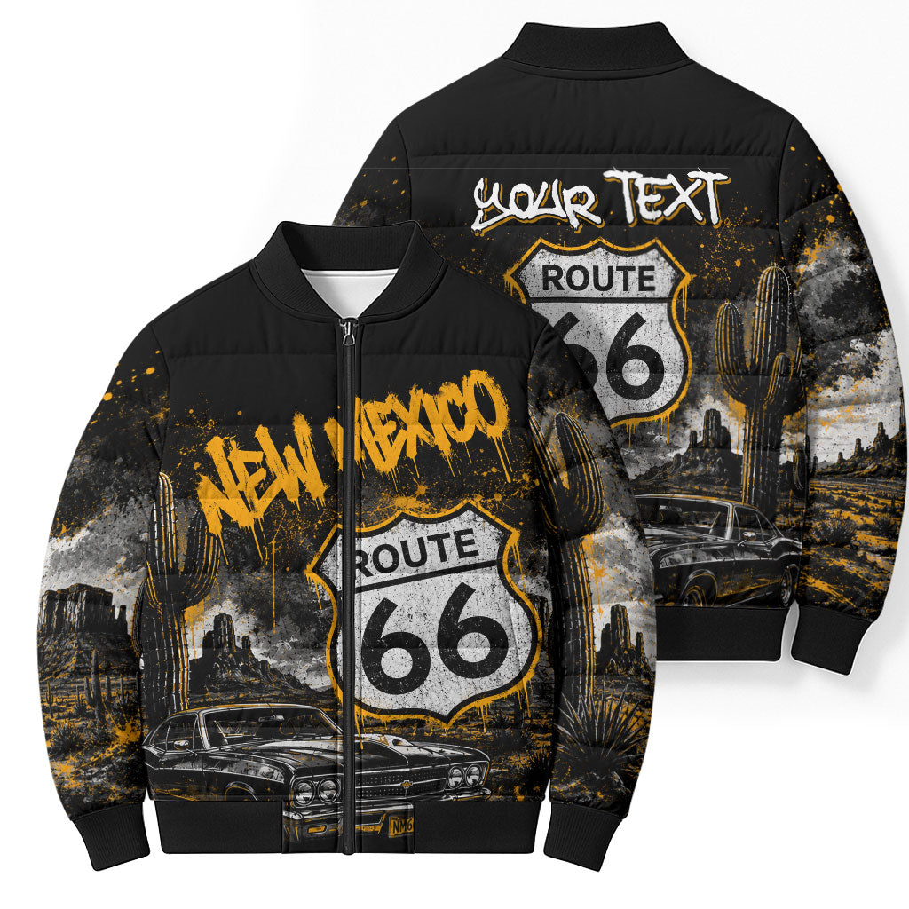 Personalized New Mexico Route 66 Classic Car Bomber Puffer Jacket Desert Cactus Grunge Paint Splatter Vintage Road Trip