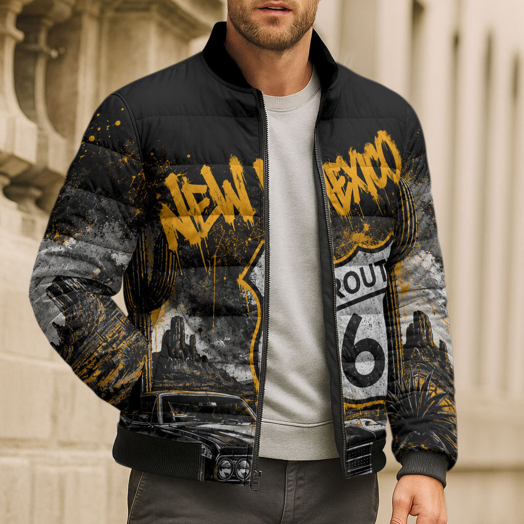 Personalized New Mexico Route 66 Classic Car Bomber Puffer Jacket Desert Cactus Grunge Paint Splatter Vintage Road Trip