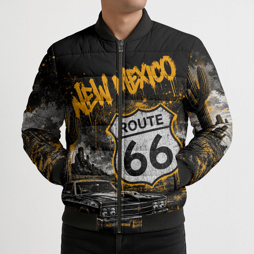 Personalized New Mexico Route 66 Classic Car Bomber Puffer Jacket Desert Cactus Grunge Paint Splatter Vintage Road Trip