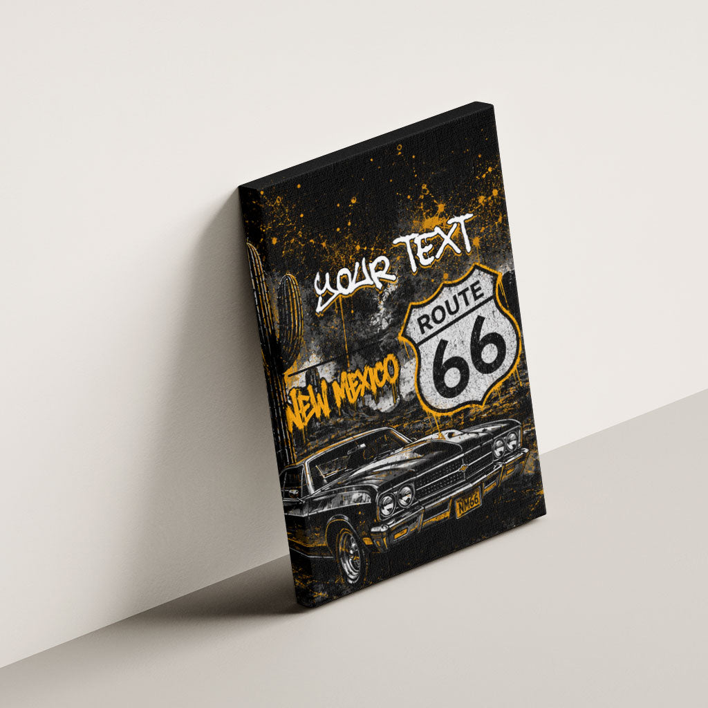 Personalized New Mexico Route 66 Classic Car Canvas Wall Art Desert Cactus Grunge Paint Splatter Vintage Road Trip