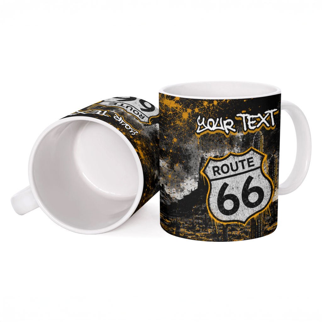 Personalized New Mexico Route 66 Classic Car Ceramic Mug Desert Cactus Grunge Paint Splatter Vintage Road Trip