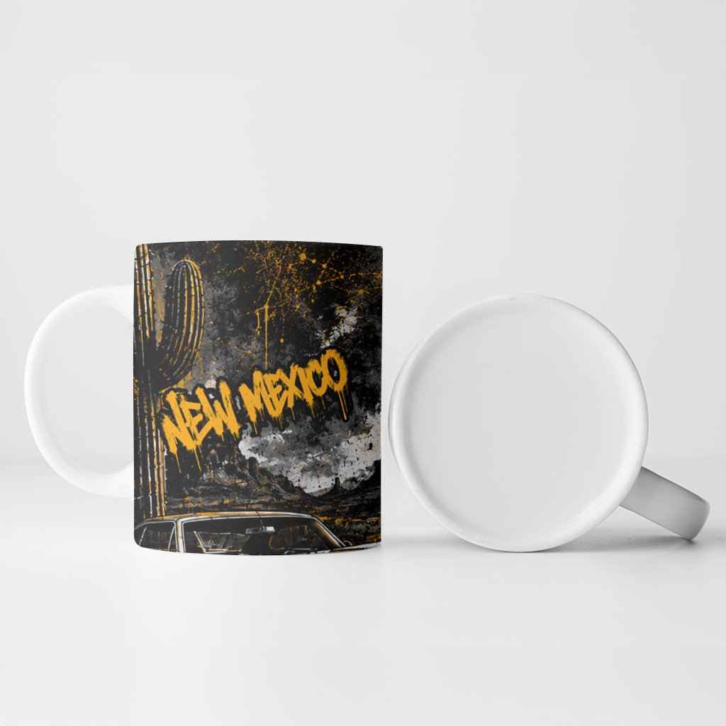 Personalized New Mexico Route 66 Classic Car Ceramic Mug Desert Cactus Grunge Paint Splatter Vintage Road Trip