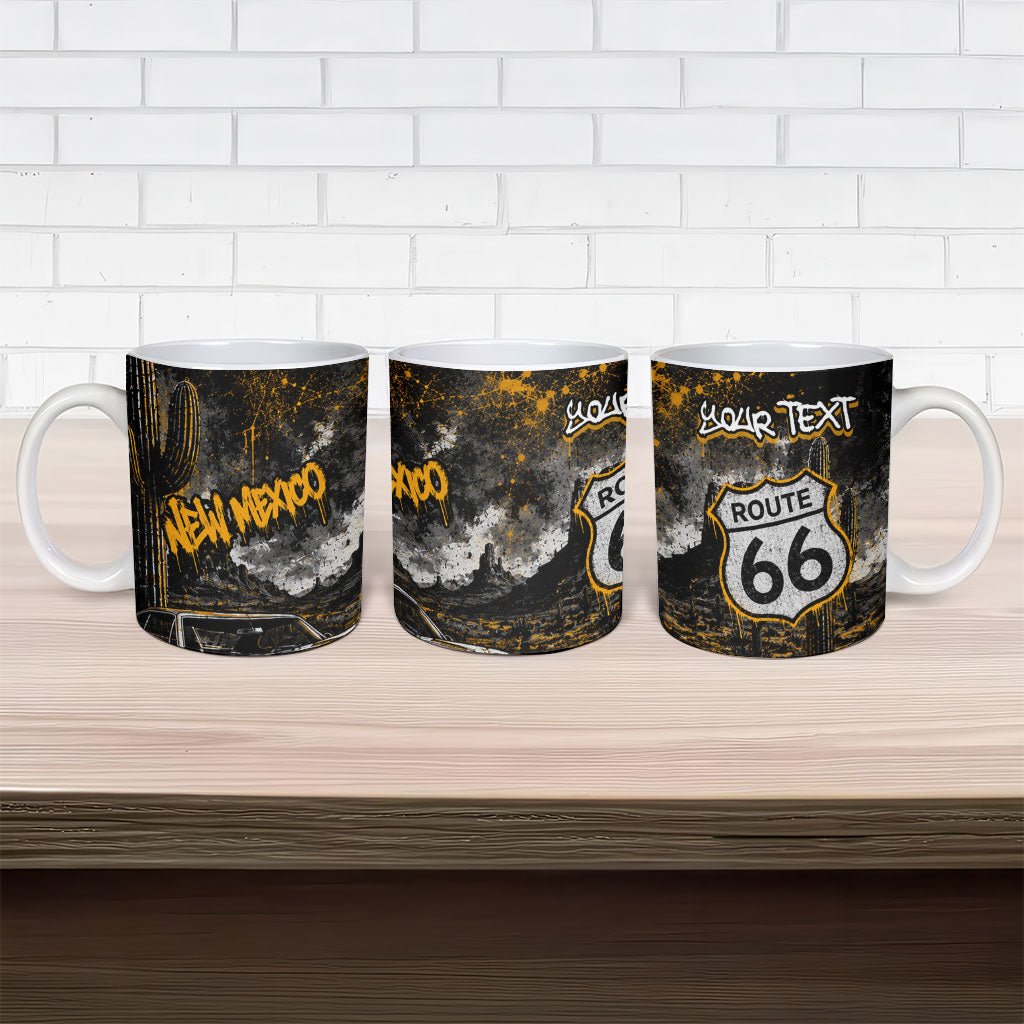 Personalized New Mexico Route 66 Classic Car Ceramic Mug Desert Cactus Grunge Paint Splatter Vintage Road Trip
