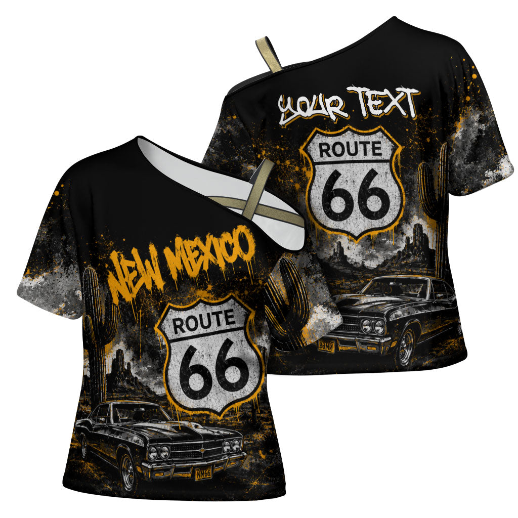Personalized New Mexico Route 66 Classic Car Cross Shoulder Shirt Desert Cactus Grunge Paint Splatter Vintage Road Trip