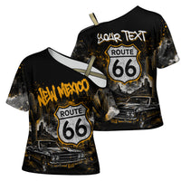 Personalized New Mexico Route 66 Classic Car Cross Shoulder Shirt Desert Cactus Grunge Paint Splatter Vintage Road Trip