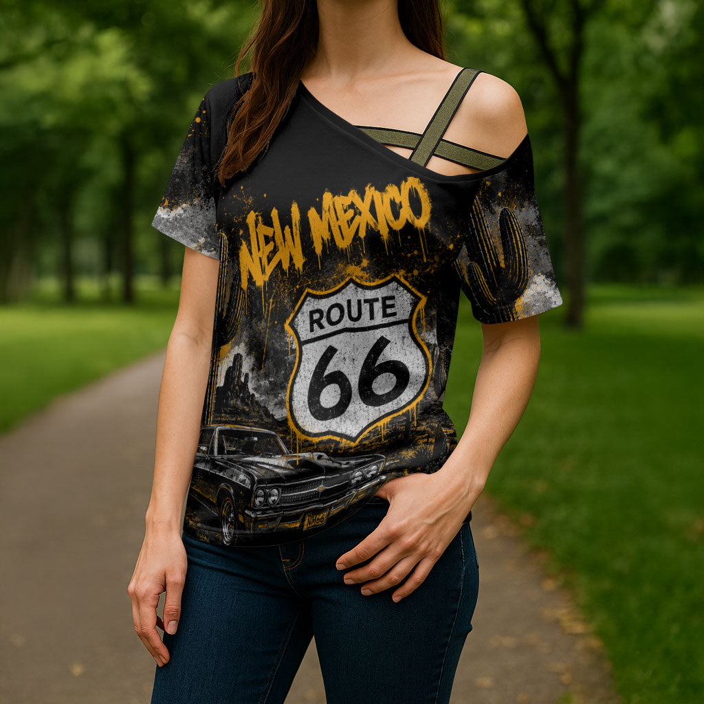 Personalized New Mexico Route 66 Classic Car Cross Shoulder Shirt Desert Cactus Grunge Paint Splatter Vintage Road Trip