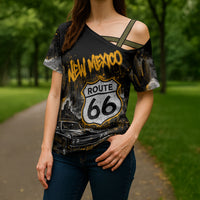 Personalized New Mexico Route 66 Classic Car Cross Shoulder Shirt Desert Cactus Grunge Paint Splatter Vintage Road Trip