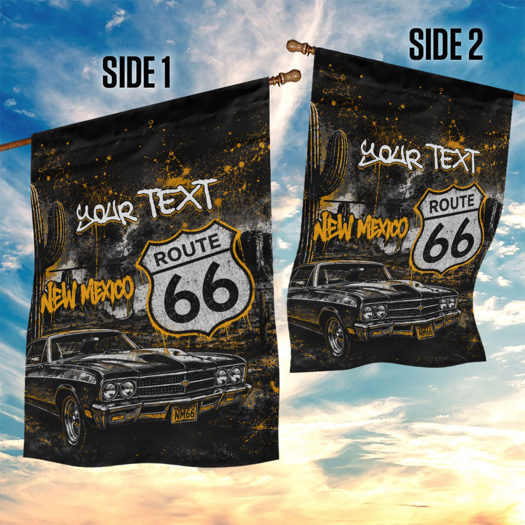 Personalized New Mexico Route 66 Classic Car Garden Flag Desert Cactus Grunge Paint Splatter Vintage Road Trip