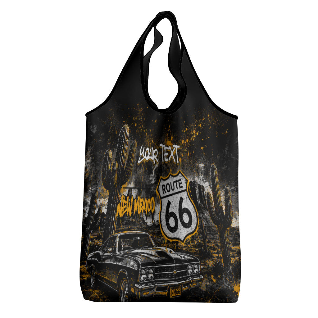 Personalized New Mexico Route 66 Classic Car Grocery Bag Desert Cactus Grunge Paint Splatter Vintage Road Trip