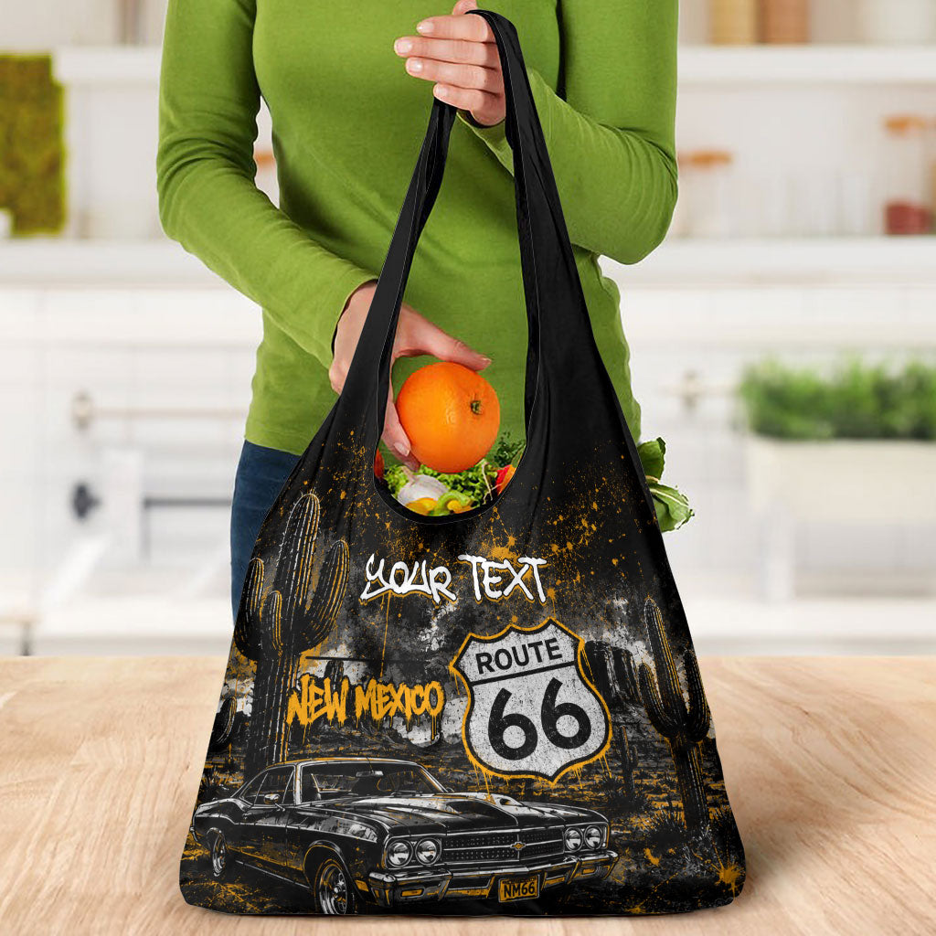 Personalized New Mexico Route 66 Classic Car Grocery Bag Desert Cactus Grunge Paint Splatter Vintage Road Trip
