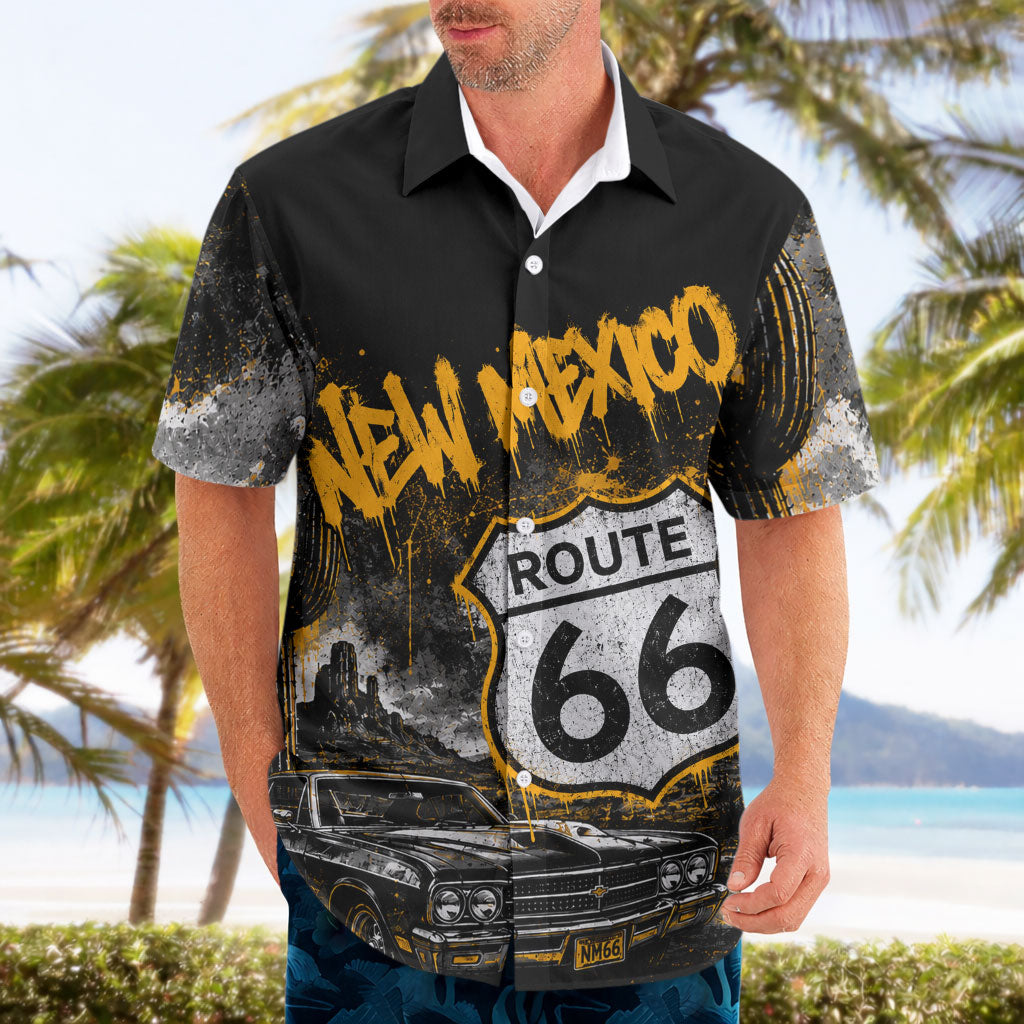 Personalized New Mexico Route 66 Classic Car Hawaiian Shirt Desert Cactus Grunge Paint Splatter Vintage Road Trip