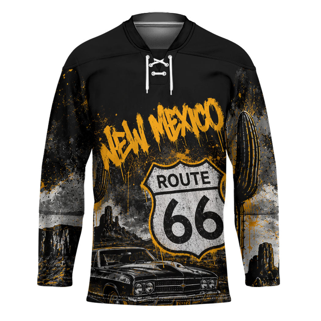 Personalized New Mexico Route 66 Classic Car Hockey Jersey Desert Cactus Grunge Paint Splatter Vintage Road Trip