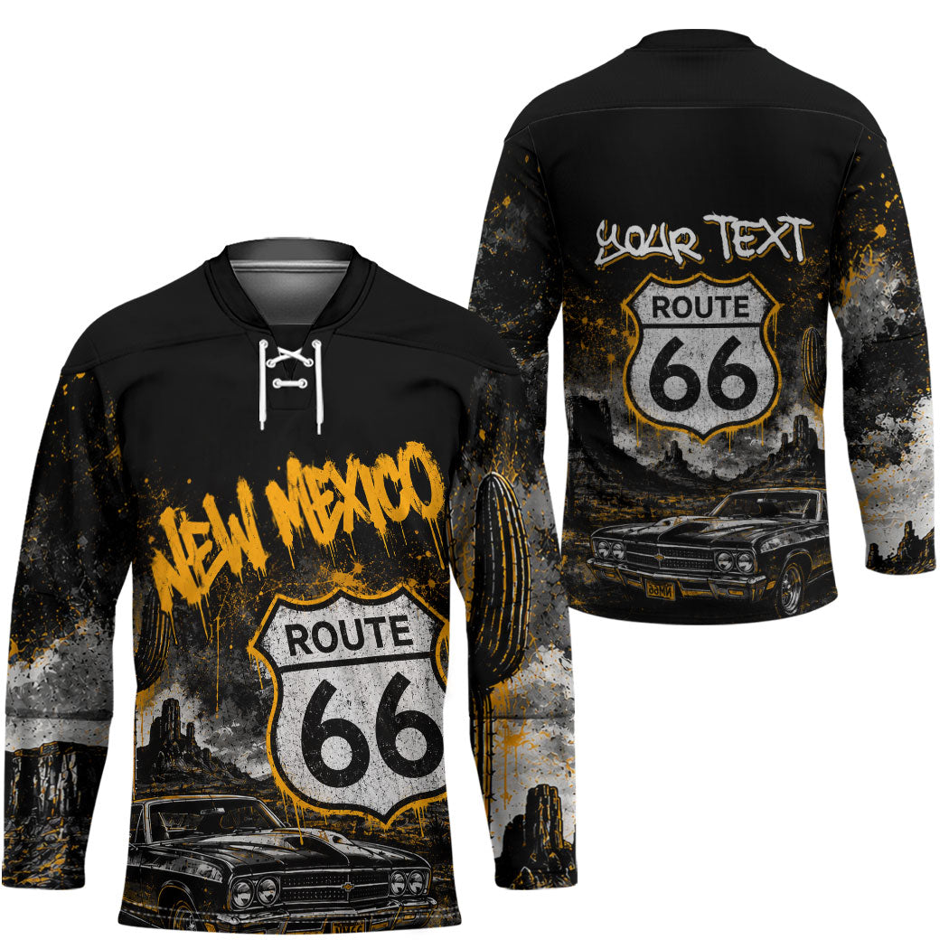 Personalized New Mexico Route 66 Classic Car Hockey Jersey Desert Cactus Grunge Paint Splatter Vintage Road Trip