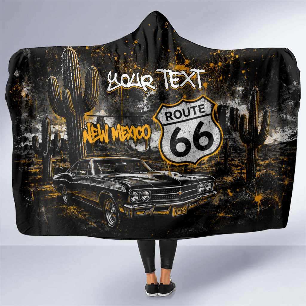 Personalized New Mexico Route 66 Classic Car Hooded Blanket Desert Cactus Grunge Paint Splatter Vintage Road Trip