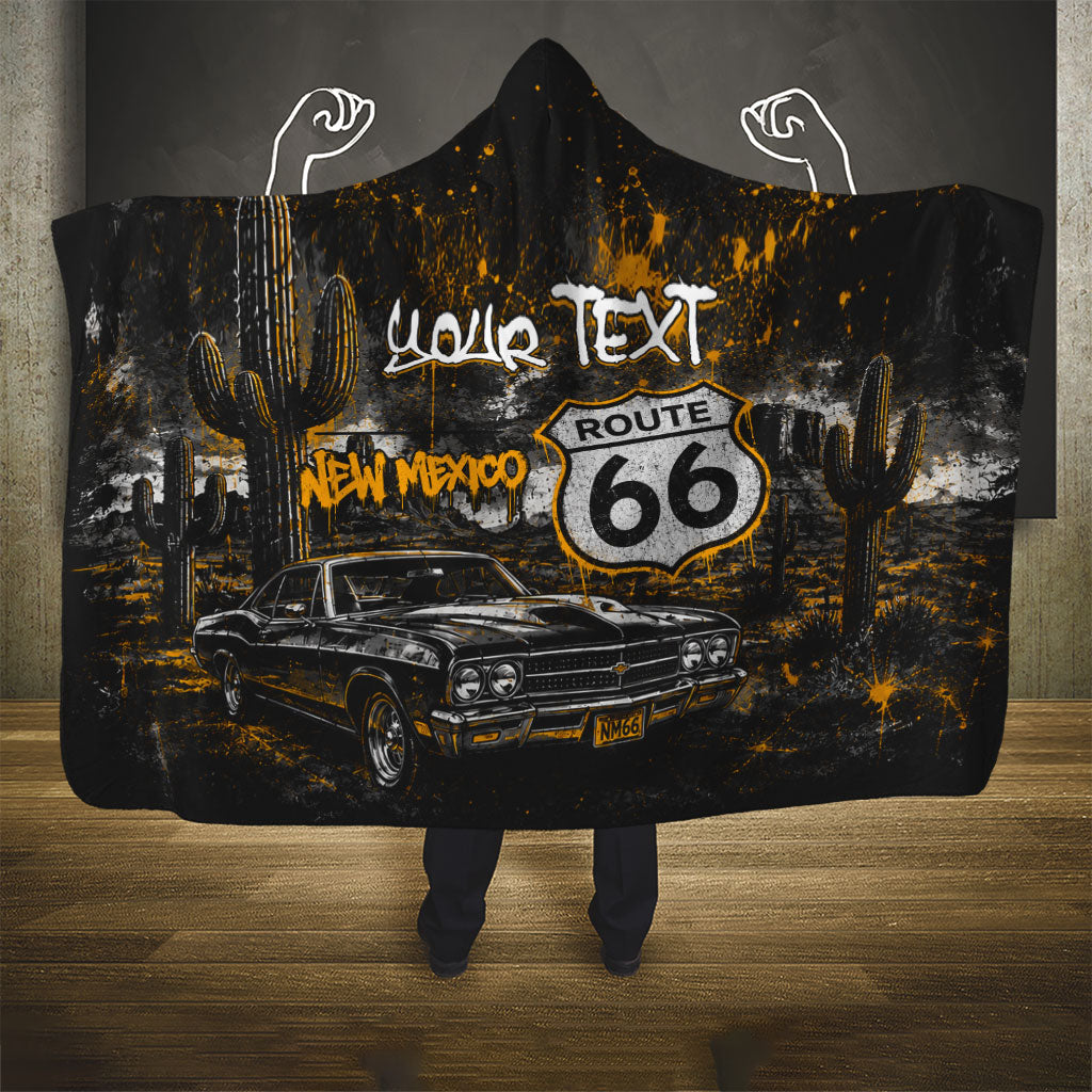 Personalized New Mexico Route 66 Classic Car Hooded Blanket Desert Cactus Grunge Paint Splatter Vintage Road Trip