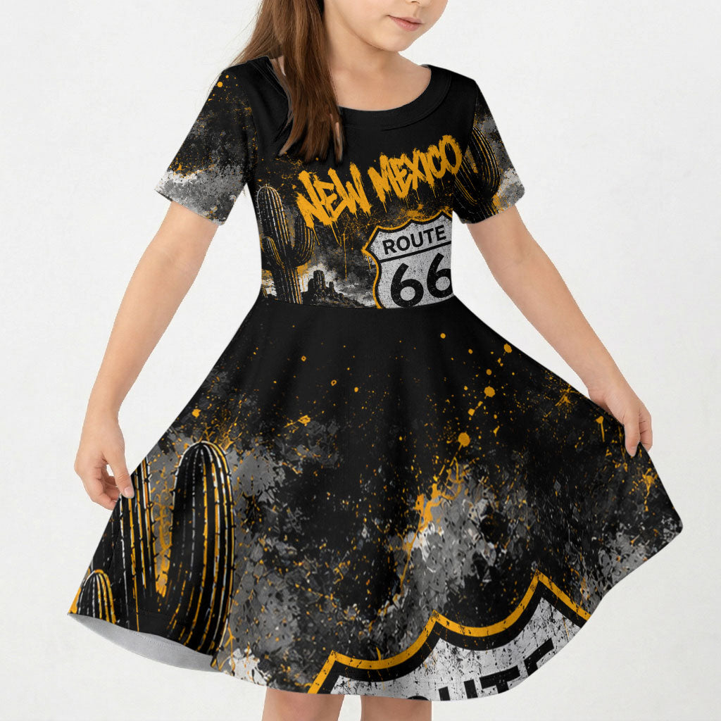 Personalized New Mexico Route 66 Classic Car Kid Short Sleeve Dress Desert Cactus Grunge Paint Splatter Vintage Road Trip