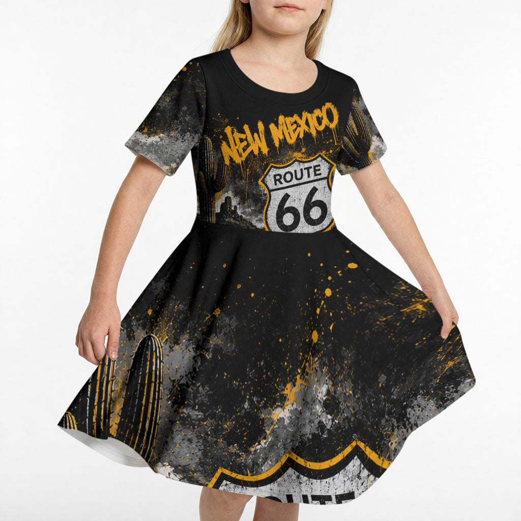 Personalized New Mexico Route 66 Classic Car Kid Short Sleeve Dress Desert Cactus Grunge Paint Splatter Vintage Road Trip
