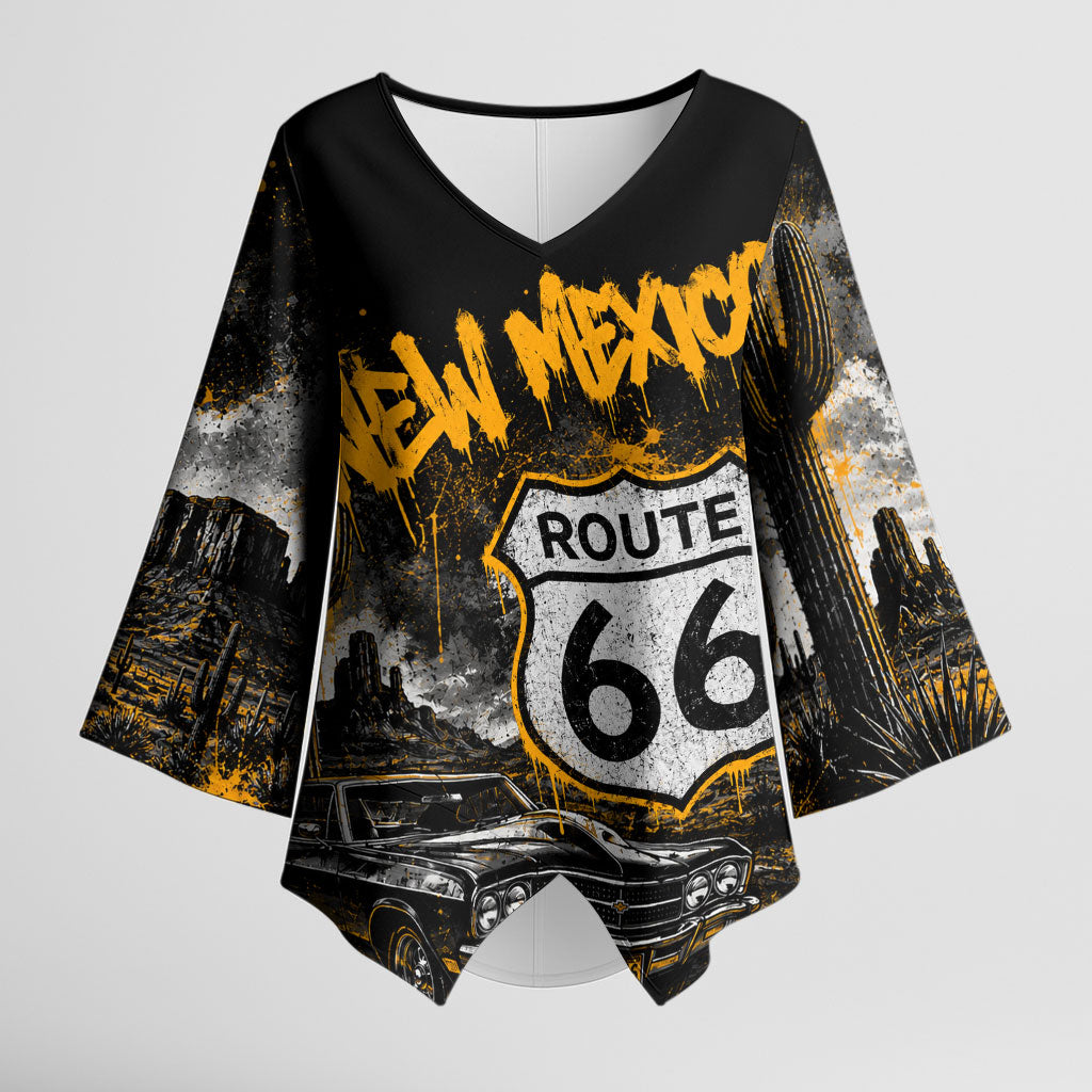 Personalized New Mexico Route 66 Classic Car Kimono Sleeve Blouse Desert Cactus Grunge Paint Splatter Vintage Road Trip