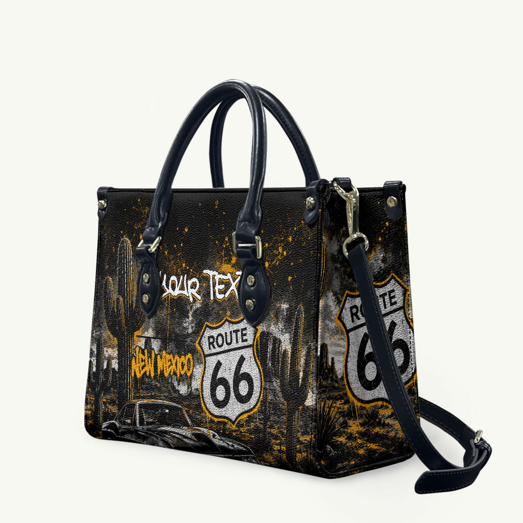 Personalized New Mexico Route 66 Classic Car Leather Bag Desert Cactus Grunge Paint Splatter Vintage Road Trip