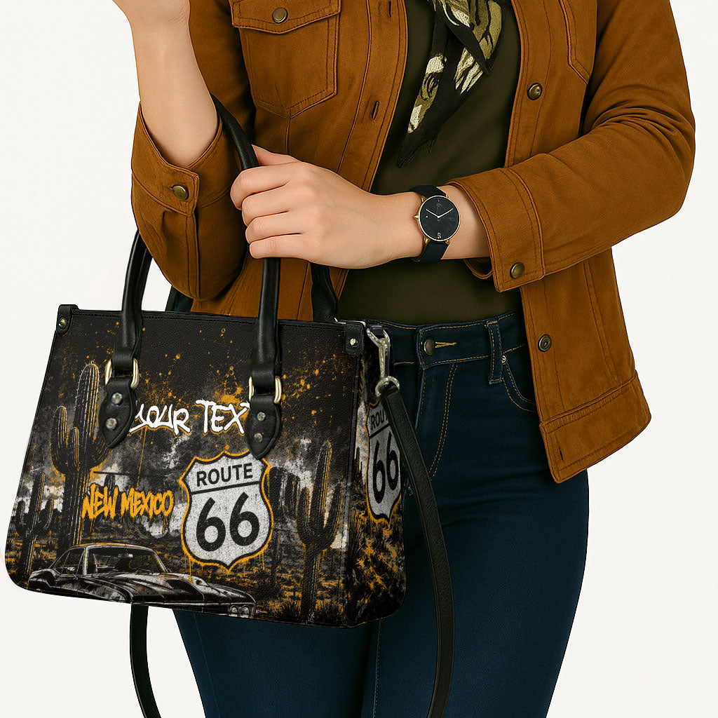 Personalized New Mexico Route 66 Classic Car Leather Bag Desert Cactus Grunge Paint Splatter Vintage Road Trip