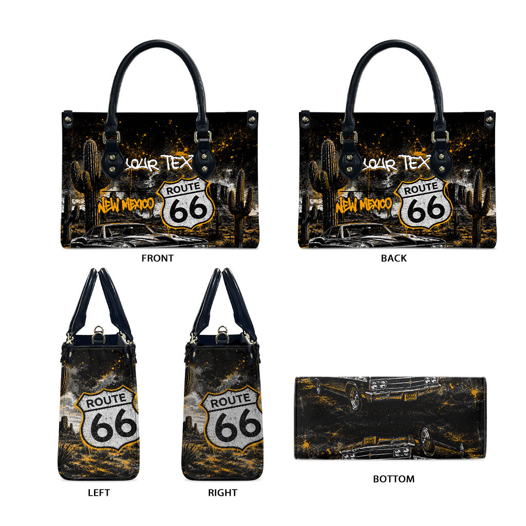 Personalized New Mexico Route 66 Classic Car Leather Bag Desert Cactus Grunge Paint Splatter Vintage Road Trip