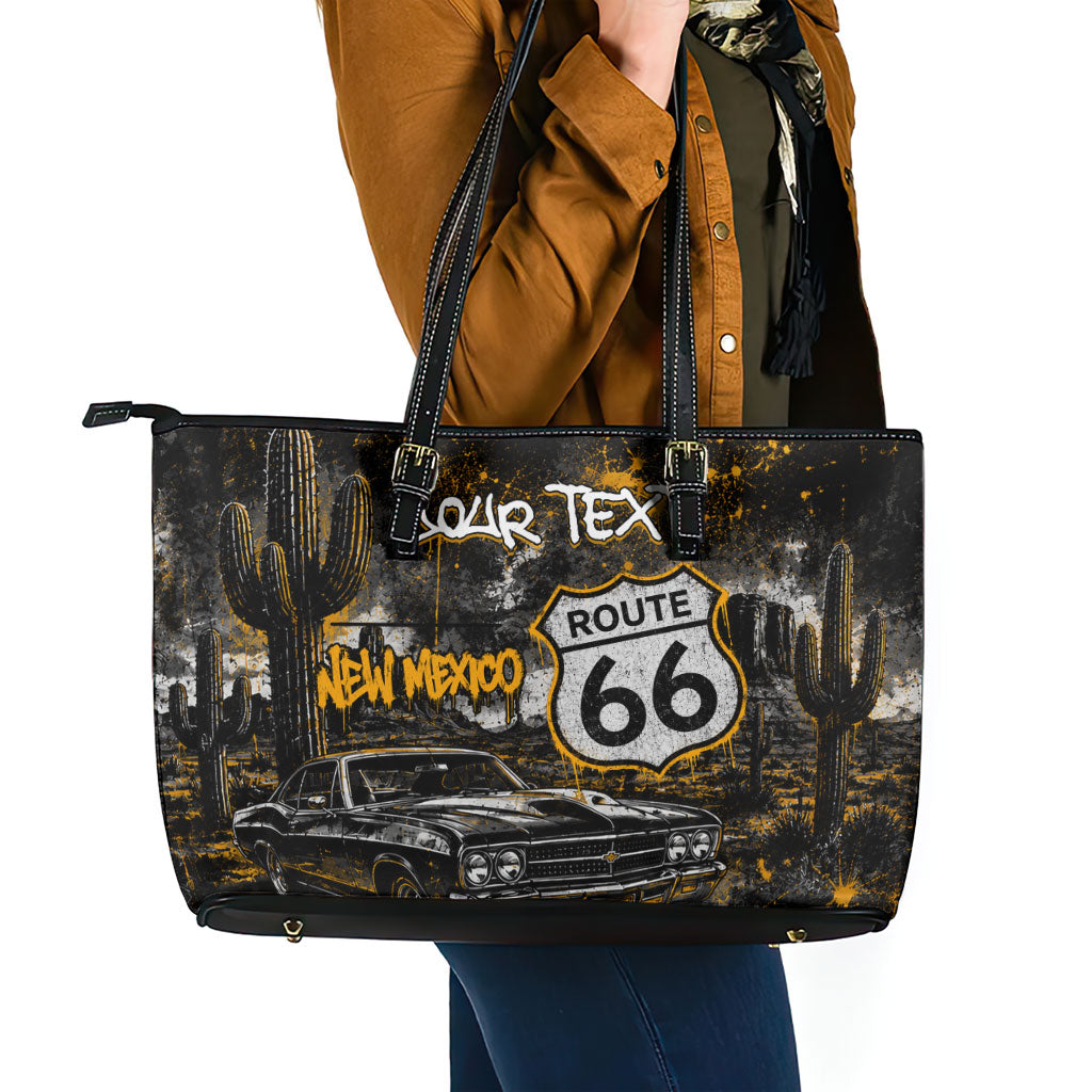 Personalized New Mexico Route 66 Classic Car Leather Tote Bag Desert Cactus Grunge Paint Splatter Vintage Road Trip