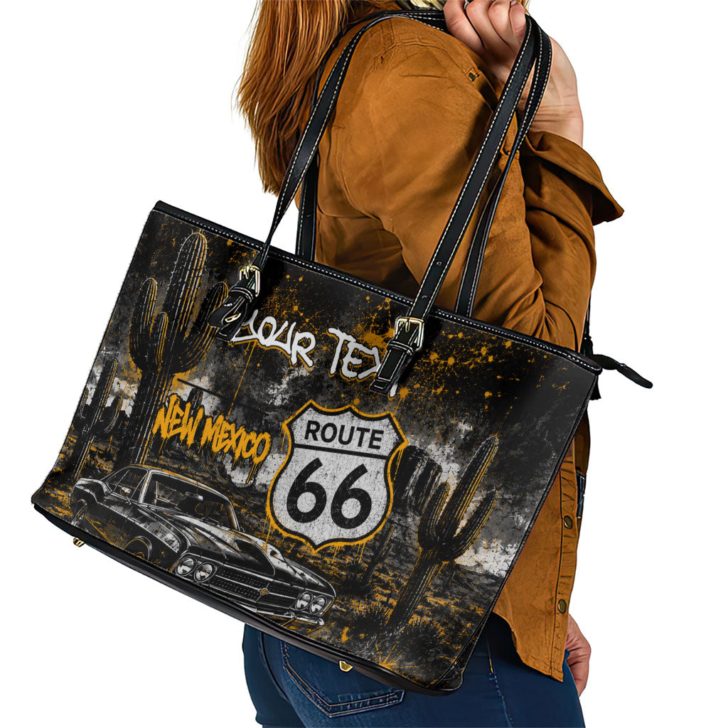 Personalized New Mexico Route 66 Classic Car Leather Tote Bag Desert Cactus Grunge Paint Splatter Vintage Road Trip