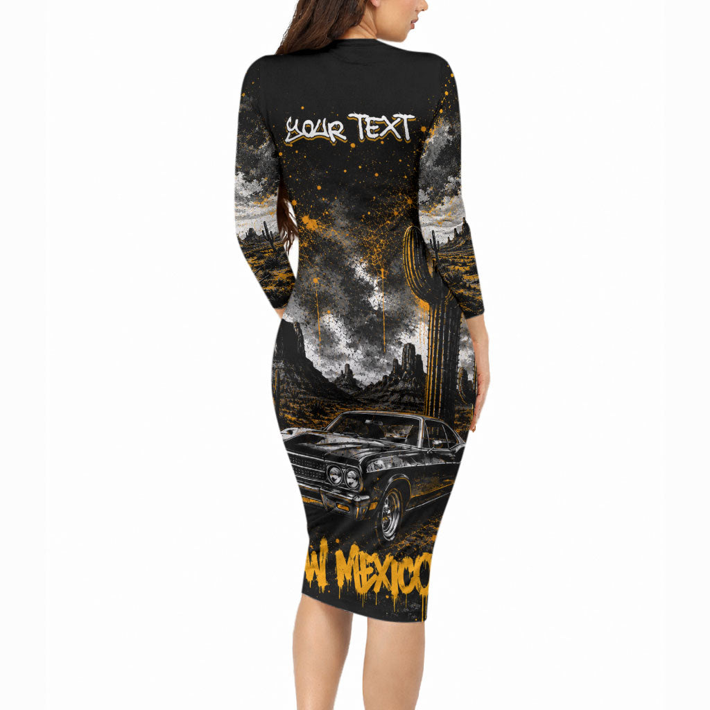 Personalized New Mexico Route 66 Classic Car Long Sleeve Bodycon Dress Desert Cactus Grunge Paint Splatter Vintage Road Trip