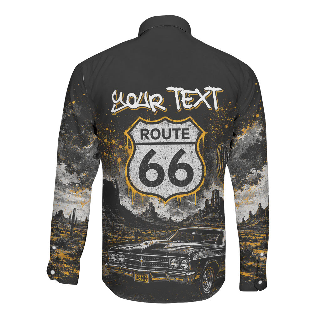 Personalized New Mexico Route 66 Classic Car Long Sleeve Button Shirt Desert Cactus Grunge Paint Splatter Vintage Road Trip