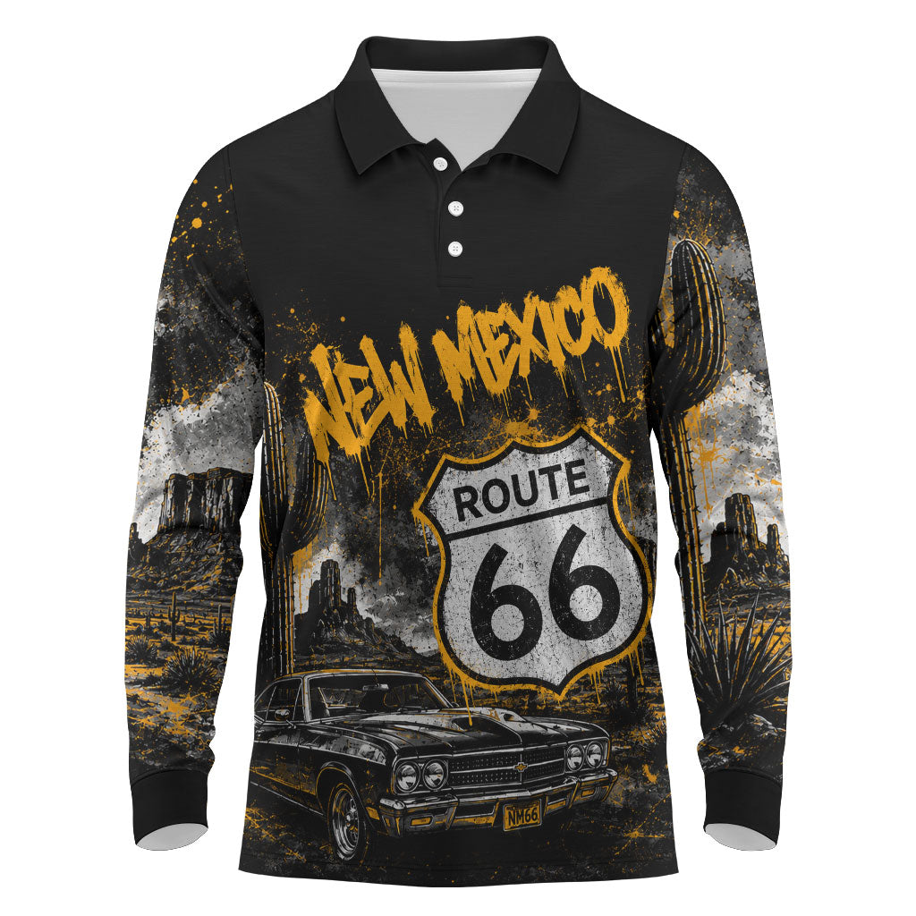 Personalized New Mexico Route 66 Classic Car Long Sleeve Polo Shirt Desert Cactus Grunge Paint Splatter Vintage Road Trip