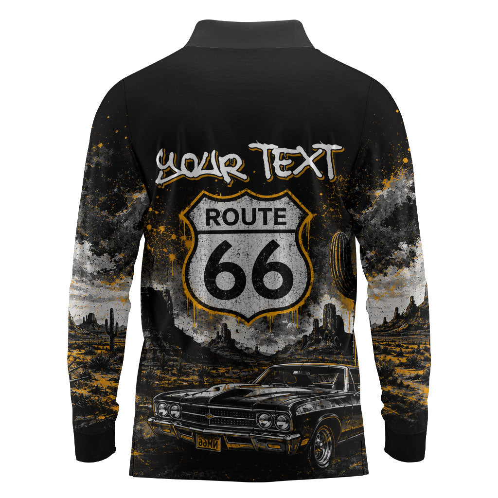 Personalized New Mexico Route 66 Classic Car Long Sleeve Polo Shirt Desert Cactus Grunge Paint Splatter Vintage Road Trip