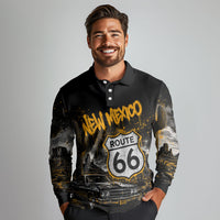 Personalized New Mexico Route 66 Classic Car Long Sleeve Polo Shirt Desert Cactus Grunge Paint Splatter Vintage Road Trip