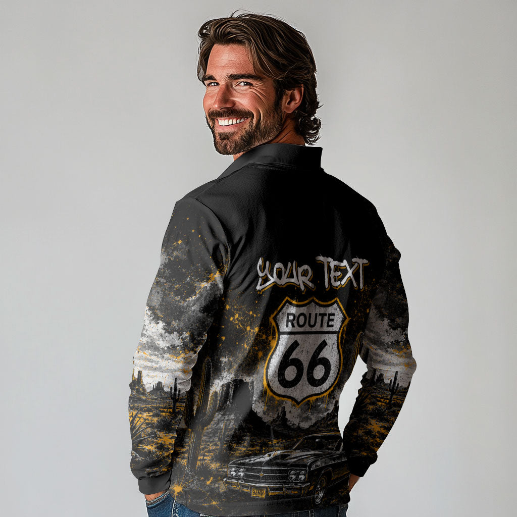 Personalized New Mexico Route 66 Classic Car Long Sleeve Polo Shirt Desert Cactus Grunge Paint Splatter Vintage Road Trip