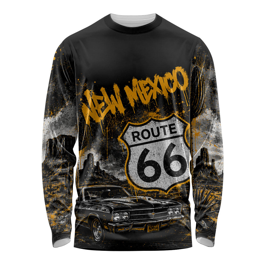 Personalized New Mexico Route 66 Classic Car Long Sleeve Shirt Desert Cactus Grunge Paint Splatter Vintage Road Trip