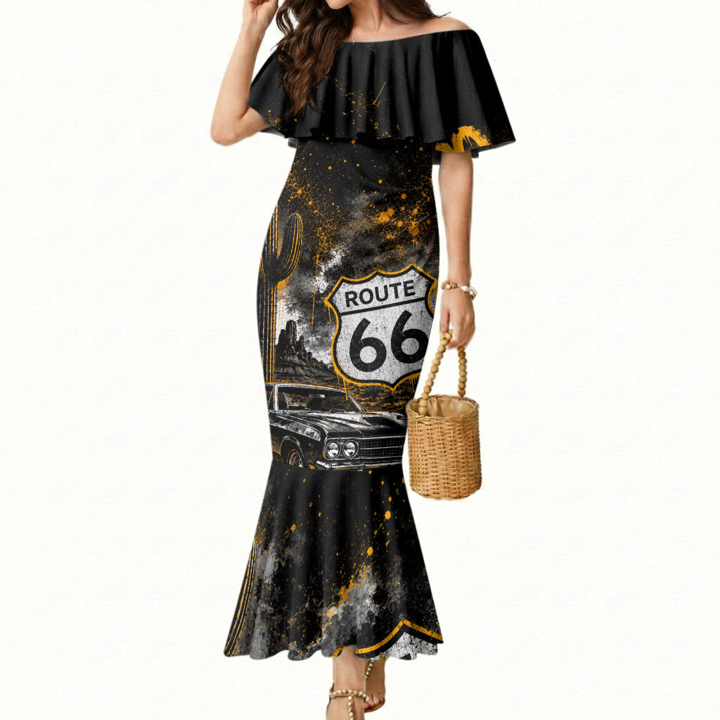 Personalized New Mexico Route 66 Classic Car Mermaid Dress Desert Cactus Grunge Paint Splatter Vintage Road Trip