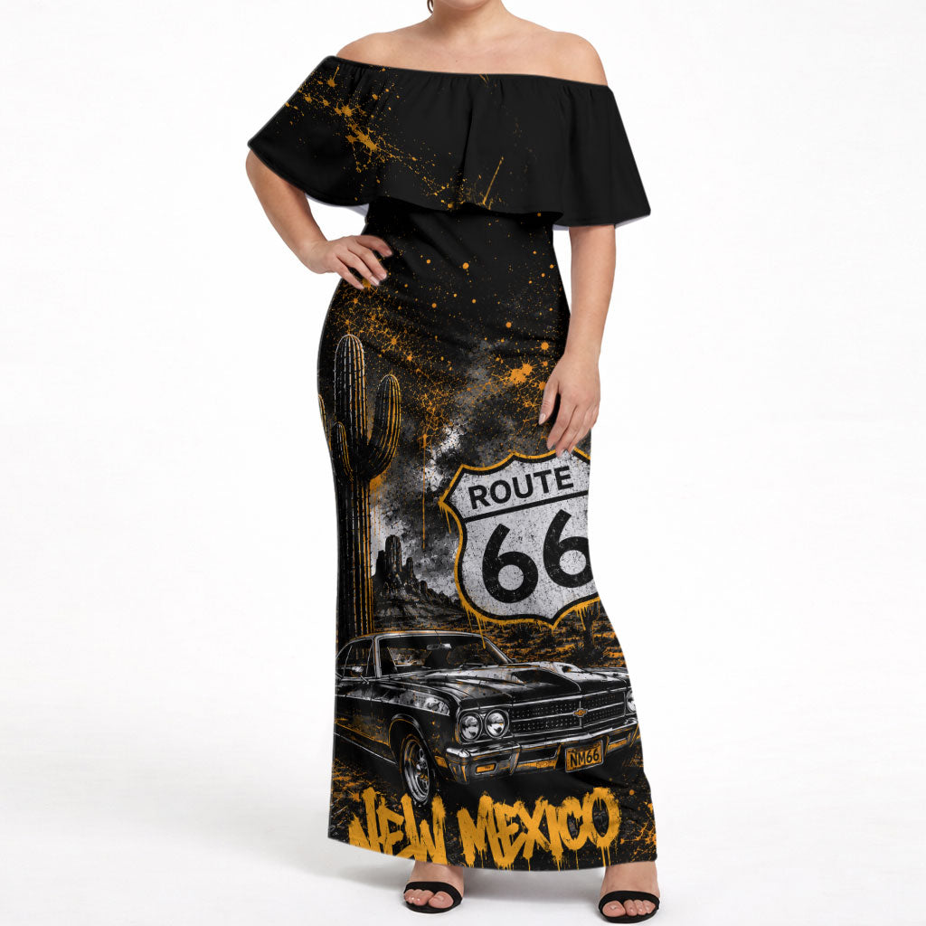 Personalized New Mexico Route 66 Classic Car Off Shoulder Maxi Dress Desert Cactus Grunge Paint Splatter Vintage Road Trip