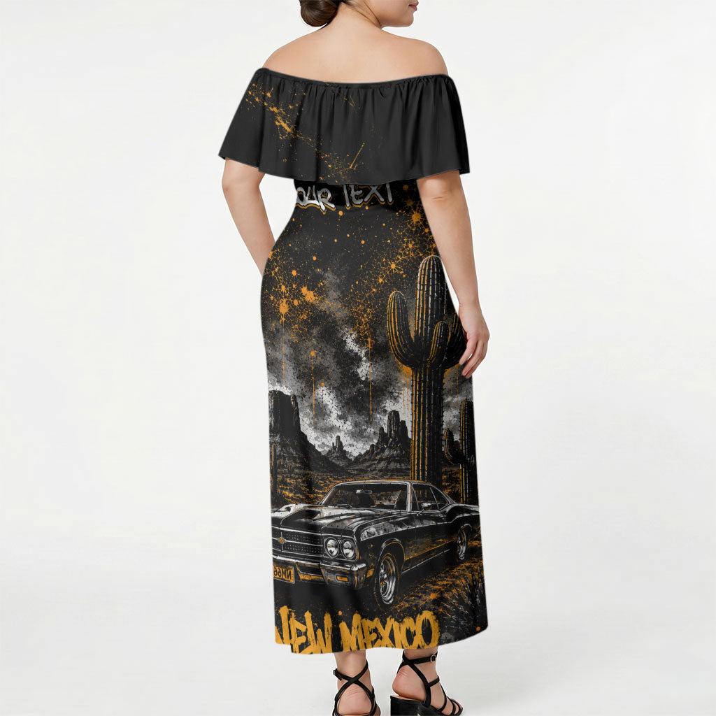 Personalized New Mexico Route 66 Classic Car Off Shoulder Maxi Dress Desert Cactus Grunge Paint Splatter Vintage Road Trip