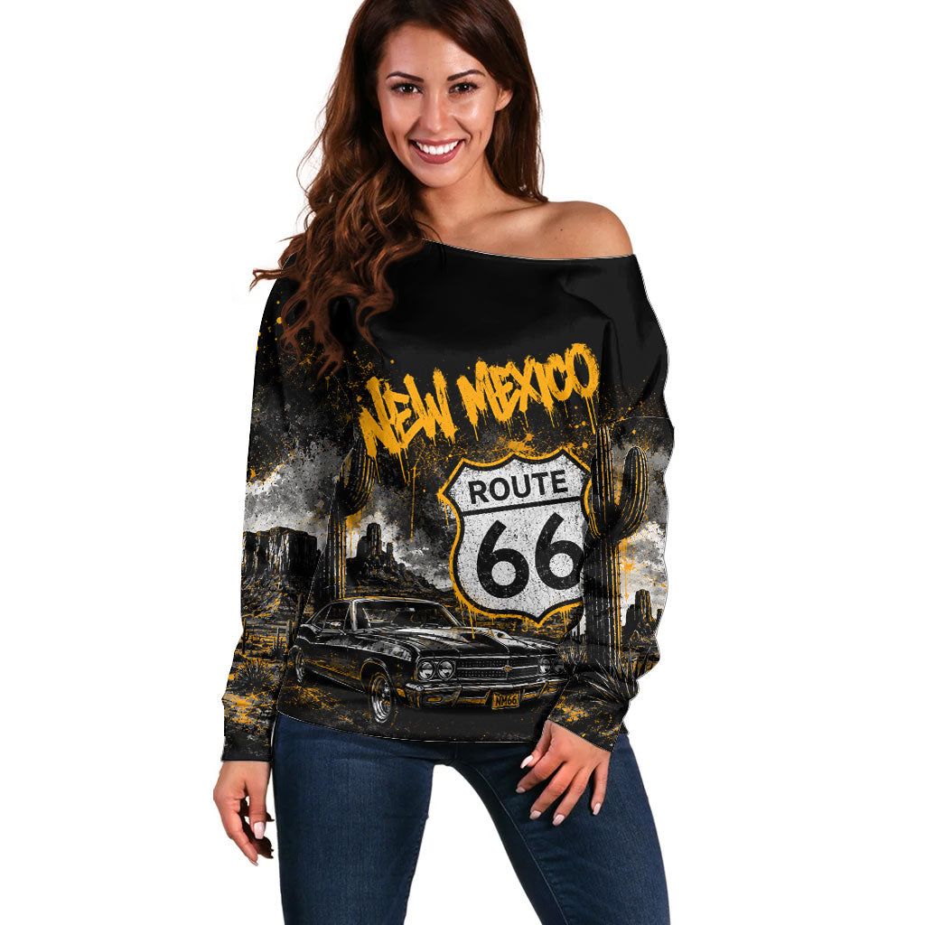 Personalized New Mexico Route 66 Classic Car Off Shoulder Sweater Desert Cactus Grunge Paint Splatter Vintage Road Trip