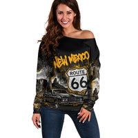 Personalized New Mexico Route 66 Classic Car Off Shoulder Sweater Desert Cactus Grunge Paint Splatter Vintage Road Trip