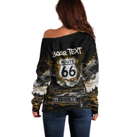 Personalized New Mexico Route 66 Classic Car Off Shoulder Sweater Desert Cactus Grunge Paint Splatter Vintage Road Trip