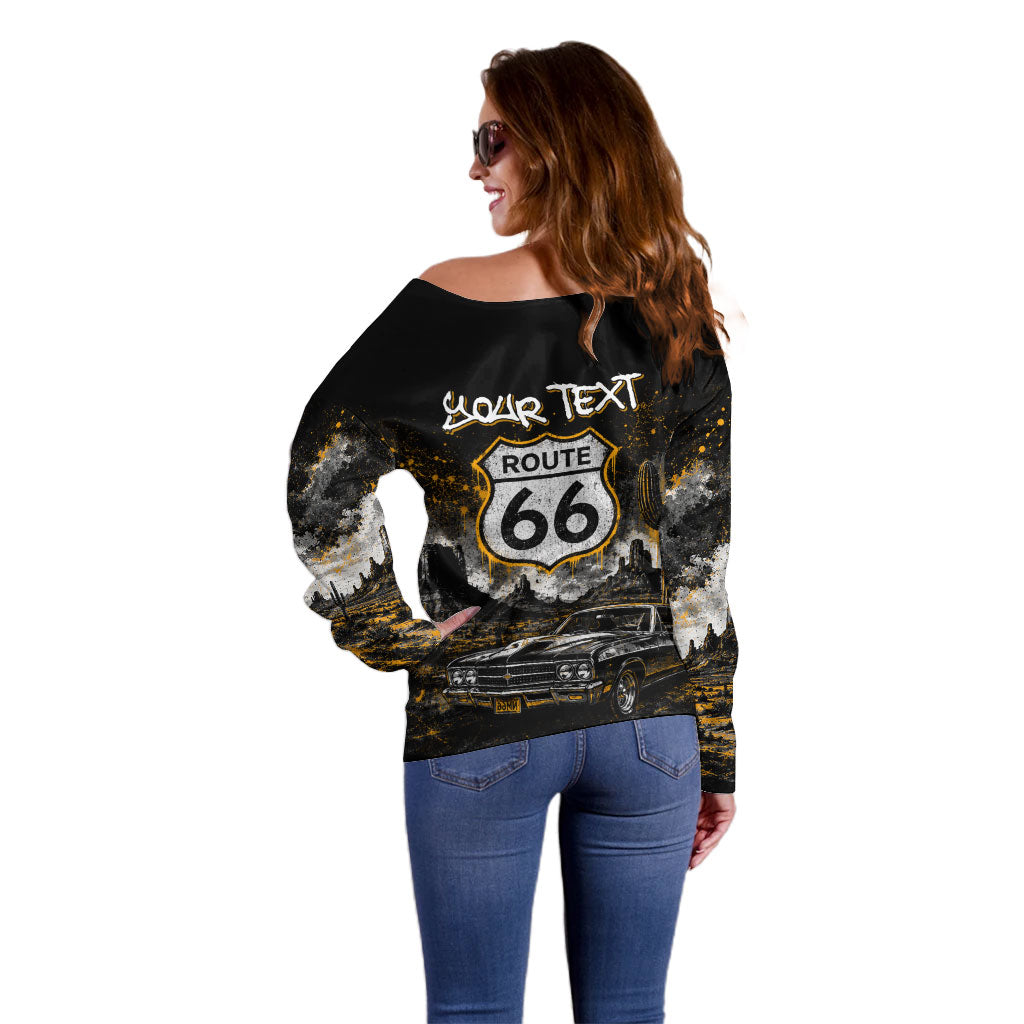 Personalized New Mexico Route 66 Classic Car Off Shoulder Sweater Desert Cactus Grunge Paint Splatter Vintage Road Trip