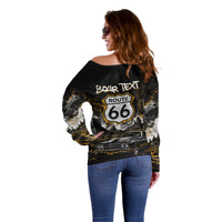 Personalized New Mexico Route 66 Classic Car Off Shoulder Sweater Desert Cactus Grunge Paint Splatter Vintage Road Trip
